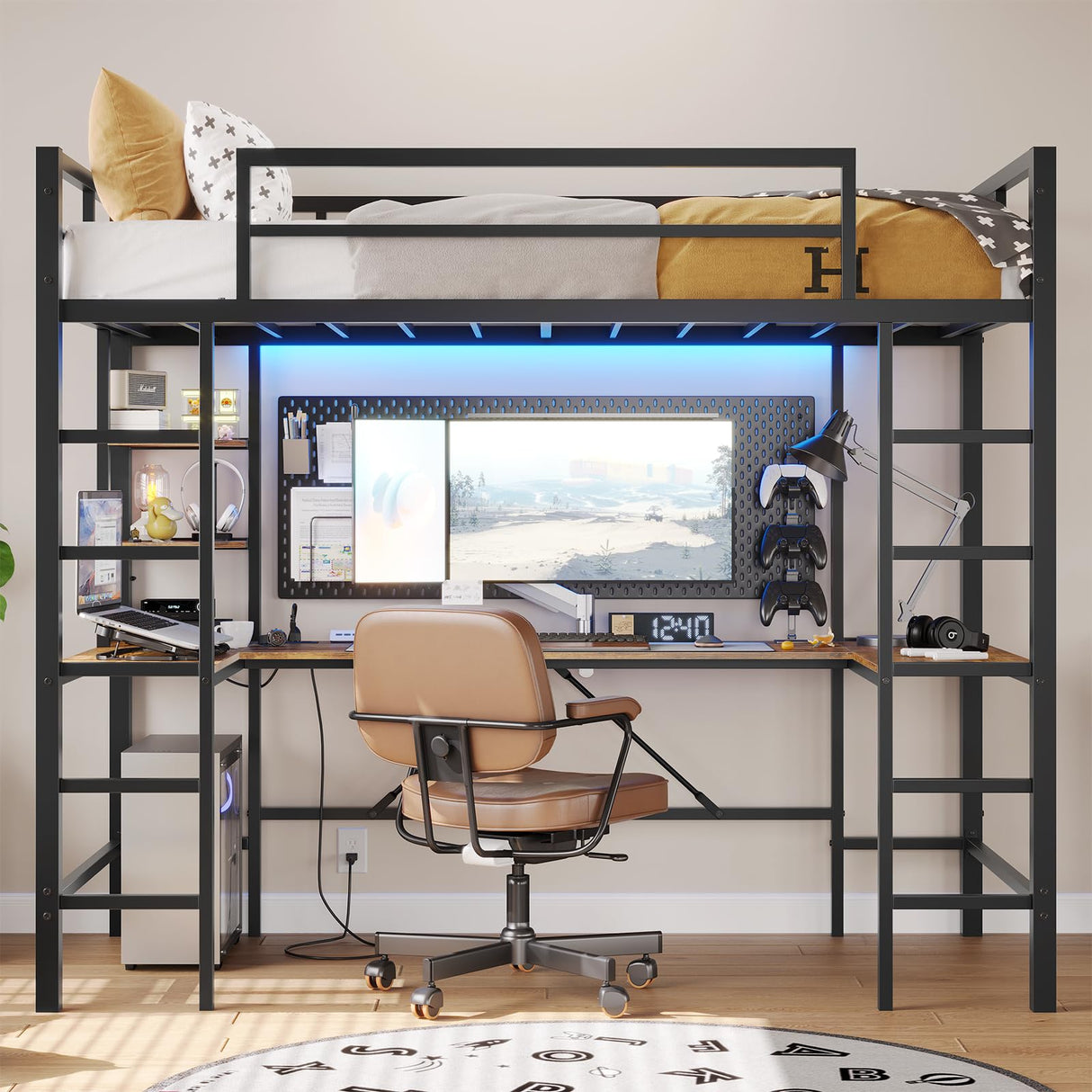 DICTAC Twin Loft Bed with U-Shaped Desk, LED Lights, Charging Station, and Storage Shelves - Black DICTAC