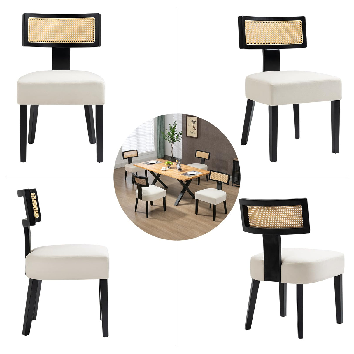 WQSLHX Linen Upholstered Farmhouse Dining Chairs Set of 4, Modern Rattan Dining Room Chairs with Wood Legs, Curved Backrest Kitchen Chairs Armless Accent Chairs for Living Room, Cream WQSLHX