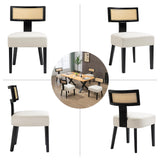 WQSLHX Linen Upholstered Farmhouse Dining Chairs Set of 4, Modern Rattan Dining Room Chairs with Wood Legs, Curved Backrest Kitchen Chairs Armless Accent Chairs for Living Room, Cream WQSLHX
