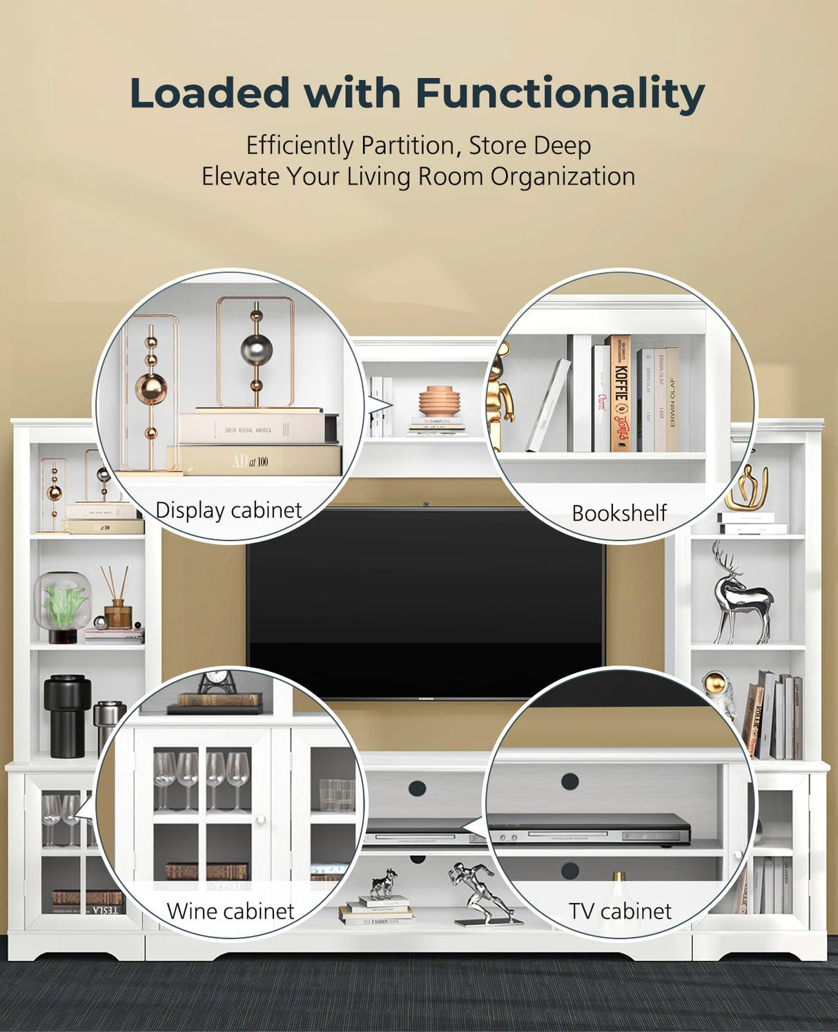 Tatub Large Wall Unit Entertainment Center with Storage, Modern TV Entertainment Center with Bookshelves and Bridge Cabinet, Living Room Tall Bookshelf with Storage, 65.7" Wide for TV Placement, White Tatub