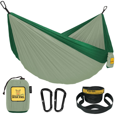 Wise Owl Outfitters Camping Hammock - Camping Essentials, Portable Hammock w/Tree Straps Up to 500lbs, Hammock for Outside, Hiking, and Travel - Double, Sage and Dark Green Wise Owl Outfitters