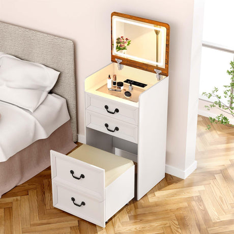 Trygoal 3 in 1 Compact Vanity, Small Dresser Desk with Flip-Top Mirror & Hidden Stool, Farmhouse Vanity Desk with USB Charging Station & 3-Color Lighting, Nightstand with Visible Glass Desktop, White Trygoal