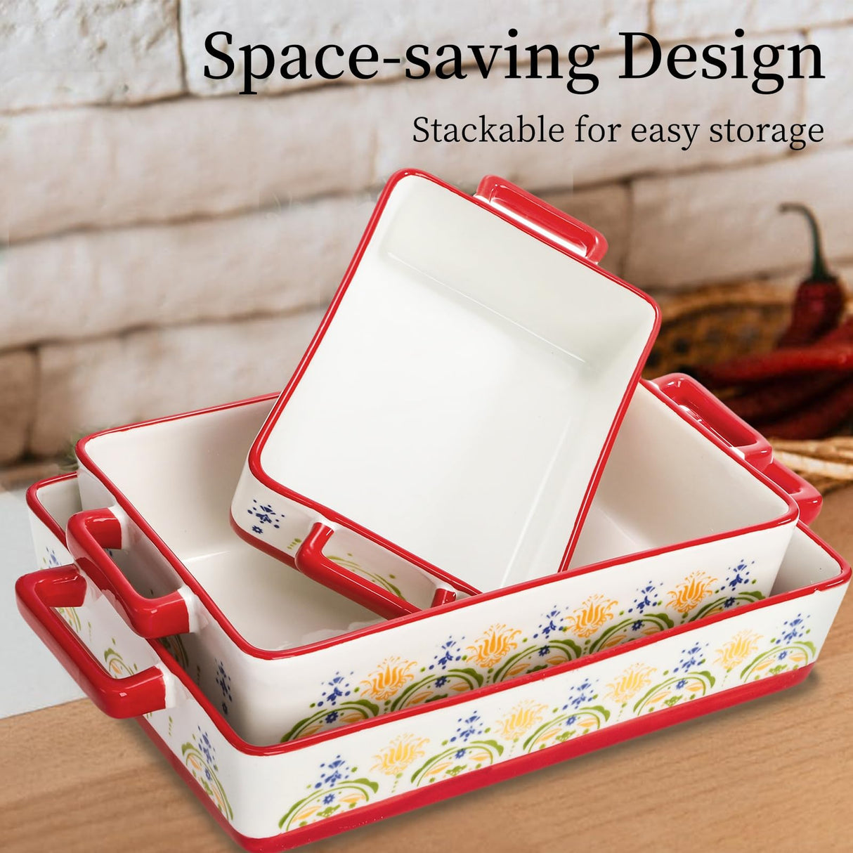 WRINGKIT Set of 3 Ceramic Baking Dishes, Casserole Dishes for Oven, Rectangular Bakeware with Handles, Ceramic Bakeware for Cooking, Baking Cakes, Wedding Gift, 3 Sizes (14.5''/12.7''/9.5'') WRINGKIT