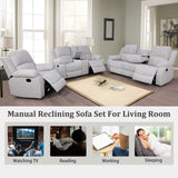 GEBADOL Manual Recliner Sofa Set, 3 Pieces Reclining Sofa Loveseat with Chair, Grey White Microfiber Recliner Couch Set for Living Room GEBADOL
