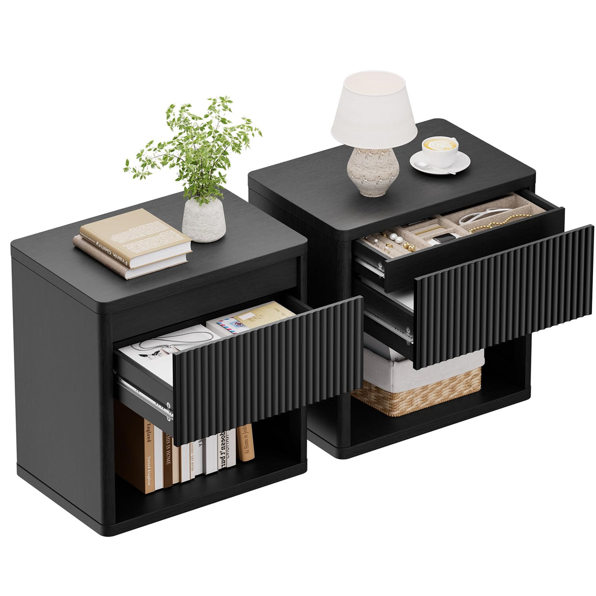 22.8" W Black Fluted Nightstand Set of 2 with 4 Drawers, Mid Century Modern Nightstand with Hidden Drawers, Large Night Stand, Accent End Table, Bedside Table with Open Shelf, Curved Profile Design XIAO WEI