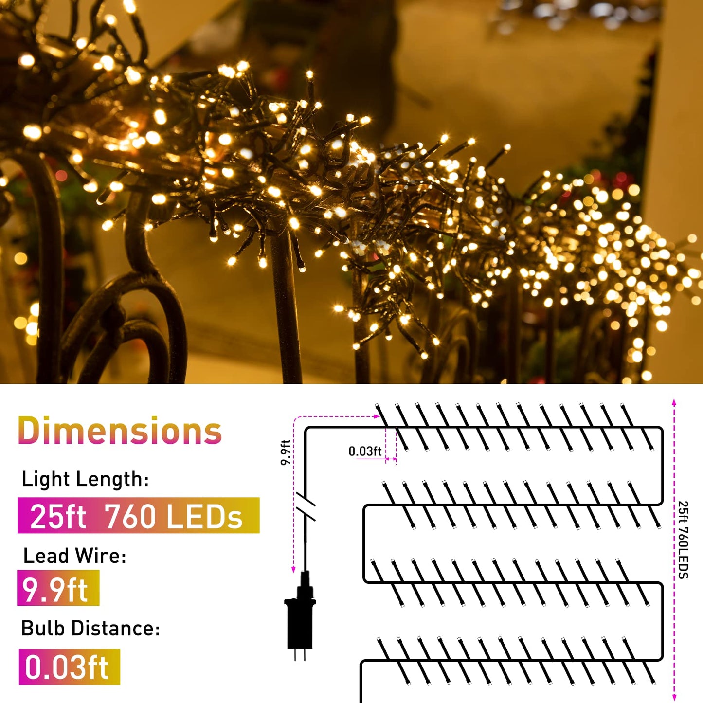 Quntis LED Christmas Cluster Lights, 760 LEDs 25FT Outdoor Waterproof Black Wire Christmas Firecrackers String Lights, 8 Modes Warm White Twinkle Fairy Lights Decor for Indoor Xmas Tree Wedding Party