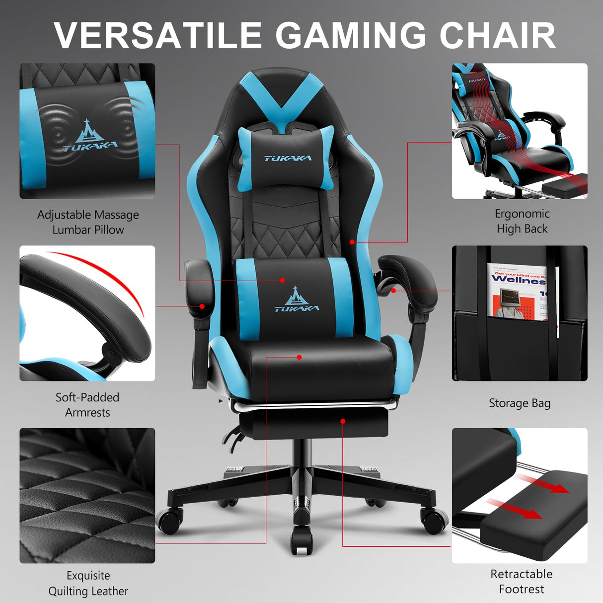 TUKAKA Gaming Chair,Ergonomic Massage Computer Office Desk Chair with Footrest,Pocket Spring Cushion,Reclining Leather Adjustable Gamer Chair with Headrest and Lumbar Support,Blue TUKAKA