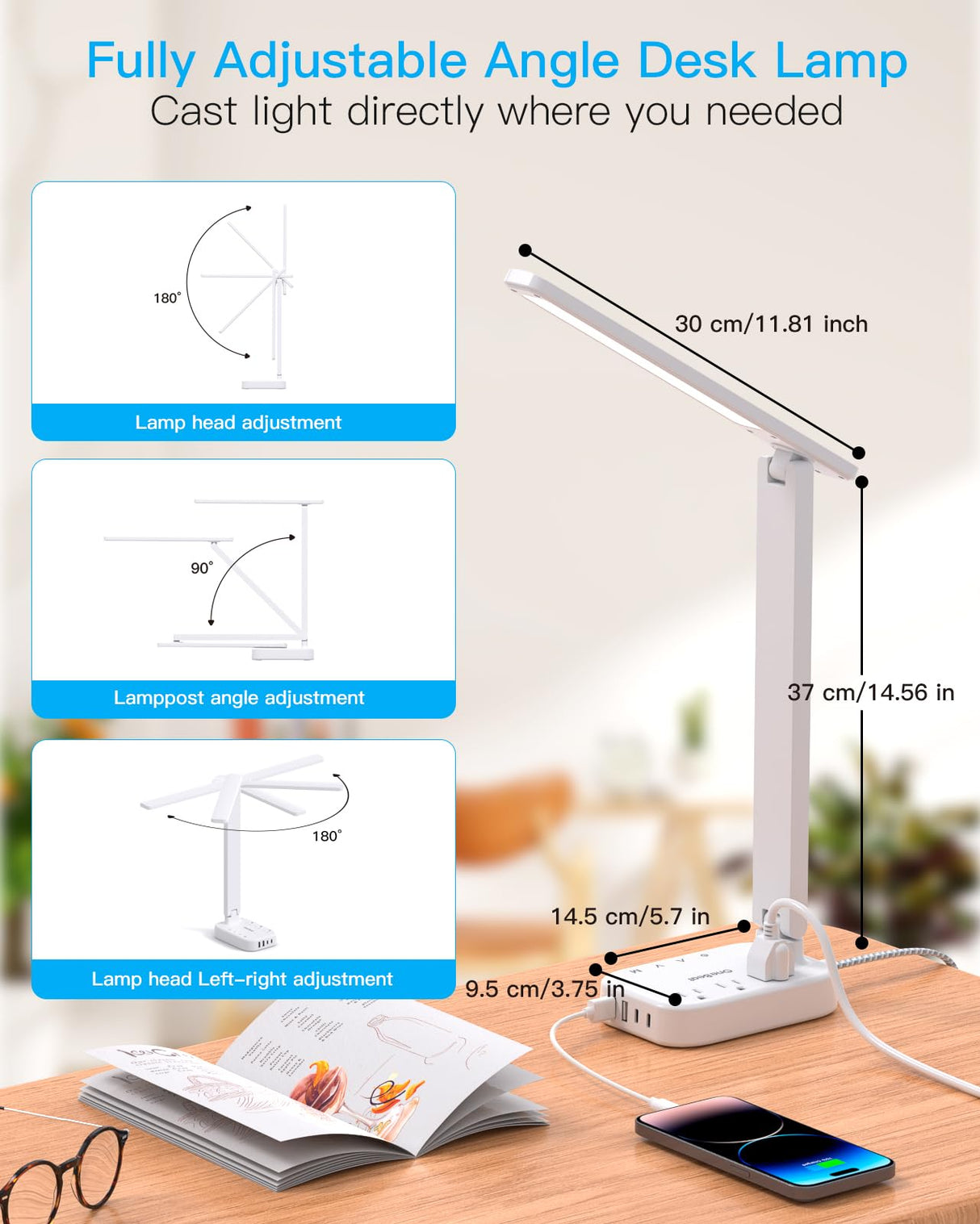 Power Strip with LED Desk Lamp, 3 Outlets 4 USB Ports(2 USBC) 4 Modes 5 Level Touch Lamp Small Desk Lamp for Home Office Bedroom Bedside, Study Reading Light, 5ft Extension Cord, Dorm Room Essentials One Beat