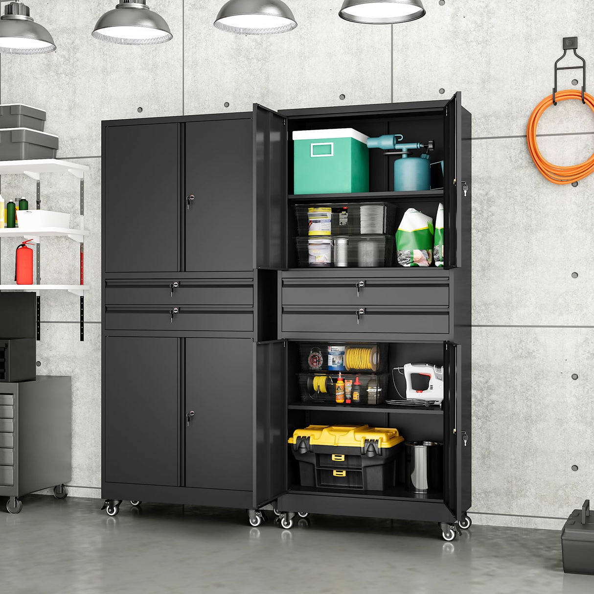 Yizosh Metal Garage Storage Cabinet with Locking Doors and Adjustable Shelves, Rolling Tool Storage Cabinet with 4 Wheels and 2 Drawer - 74" Steel Locking Cabinet for Garage, Warehouse Yizosh