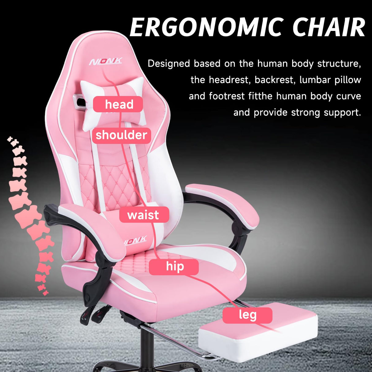 Ergonomic Video Gamer Chairs,Computer Gaming Chairs with Massage Lumbar Support and footrest,Racing Style Computer Chair Adjustable Headrest for Adults,PinkWhite NIONIK