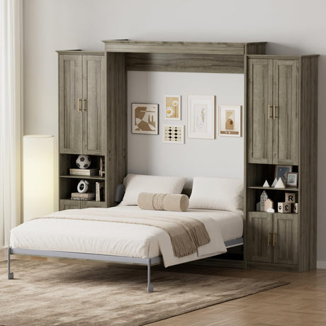 BEQAI Queen Murphy Bed with Storage Cabinets & 6 Adjustable Shelves, Foldable Space-Saving Queen Wood Wall Bedframe with USB Charging Port, Hidden Bedframe for Guest Room, Study, Home, Bedroom, Grey BEQAI