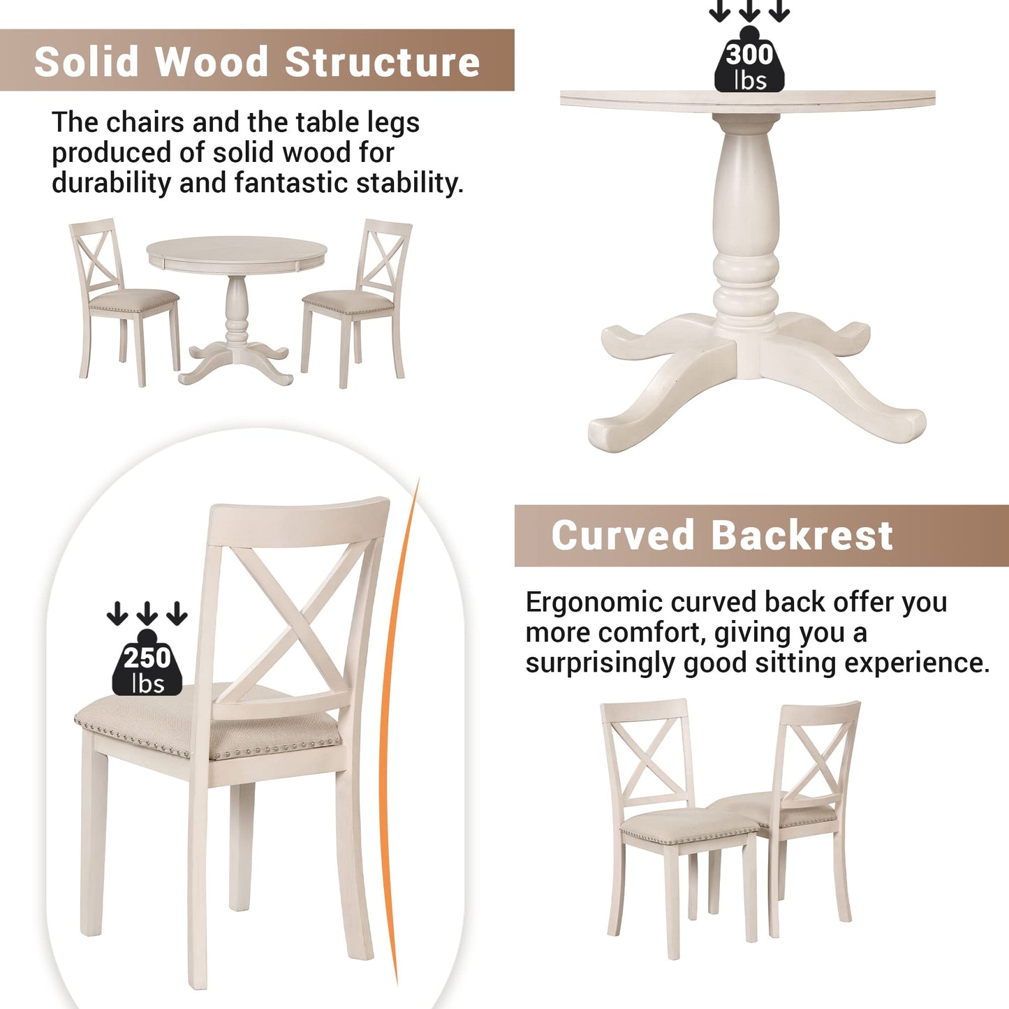 Voohek 5-Piece Kitchen Dining Set for 4, with Extendable Round Wood Table and Chair, Classic Family Furniture for Dinette, Compact Space, Antique White - WoodArtSupply