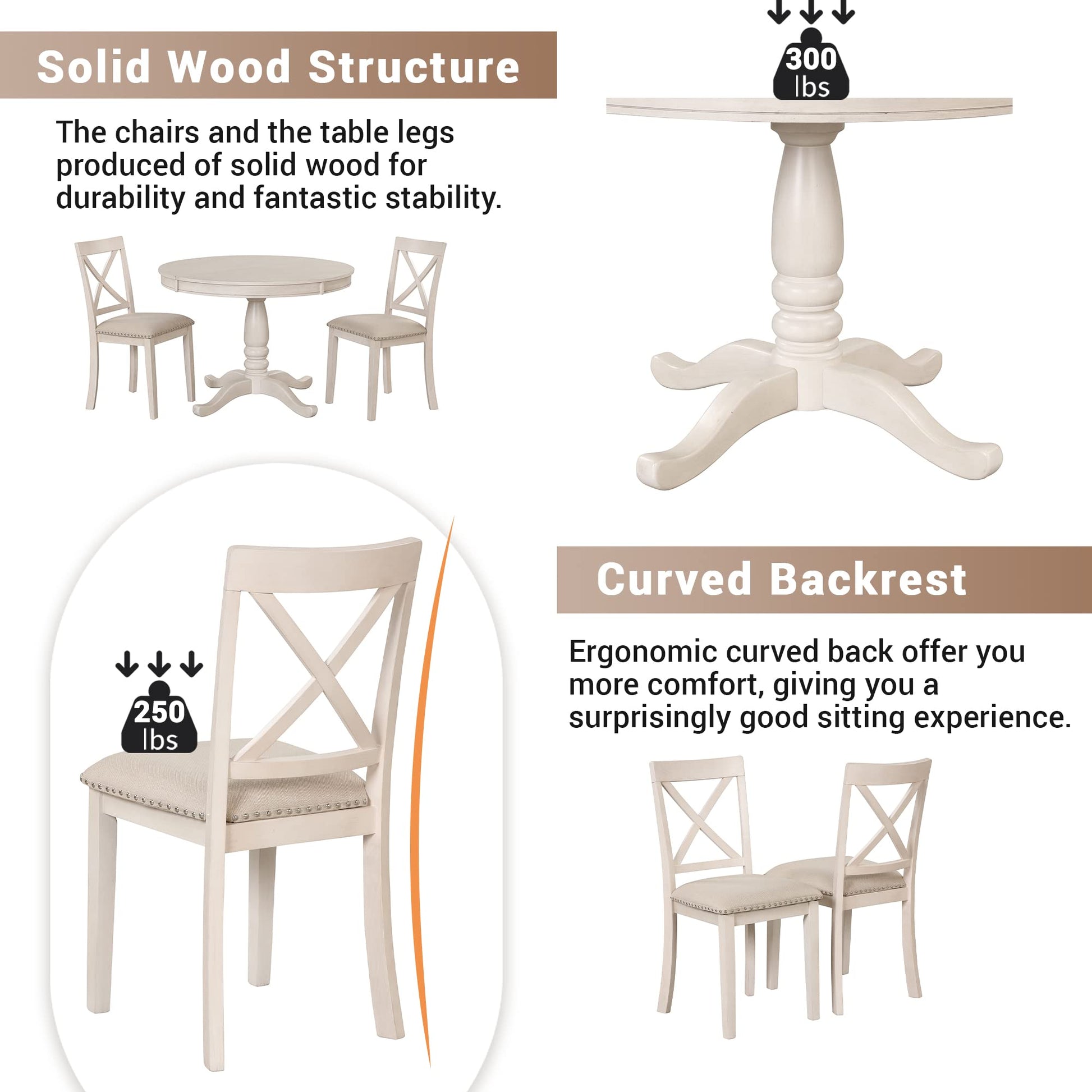 Voohek 5-Piece Kitchen Dining Set for 4, with Extendable Round Wood Table and Chair, Classic Family Furniture for Dinette, Compact Space, Antique White - WoodArtSupply