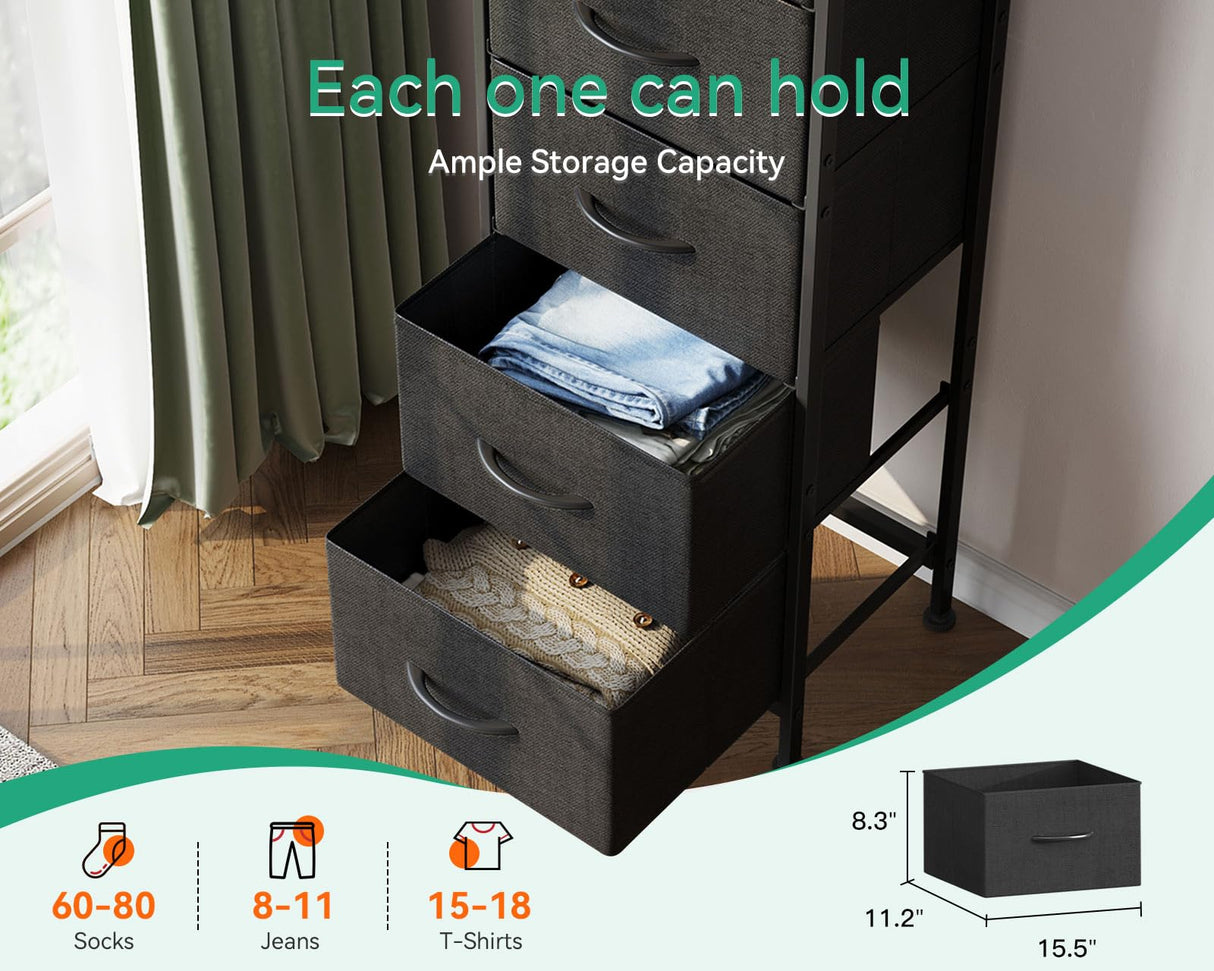 AODK Dresser for Bedroom with 5 Storage Drawers, 48" Tall Dresser Chest of Drawers Fabric Dresser with Sturdy Steel Frame, Black AODK