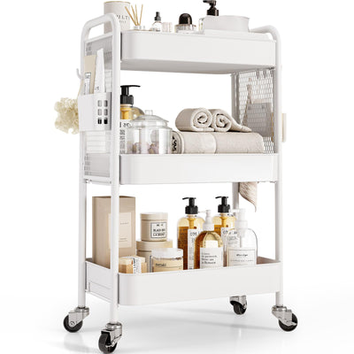 TOOLF 3 Tier Rolling Cart Storage Organizer, Metal Rolling Utility Cart with Wheels, Hooks & Bins Esthetician Craft Art Sturdy Storage with Pegboard for Bathroom, Kitchen, Office, Nursery Diaper