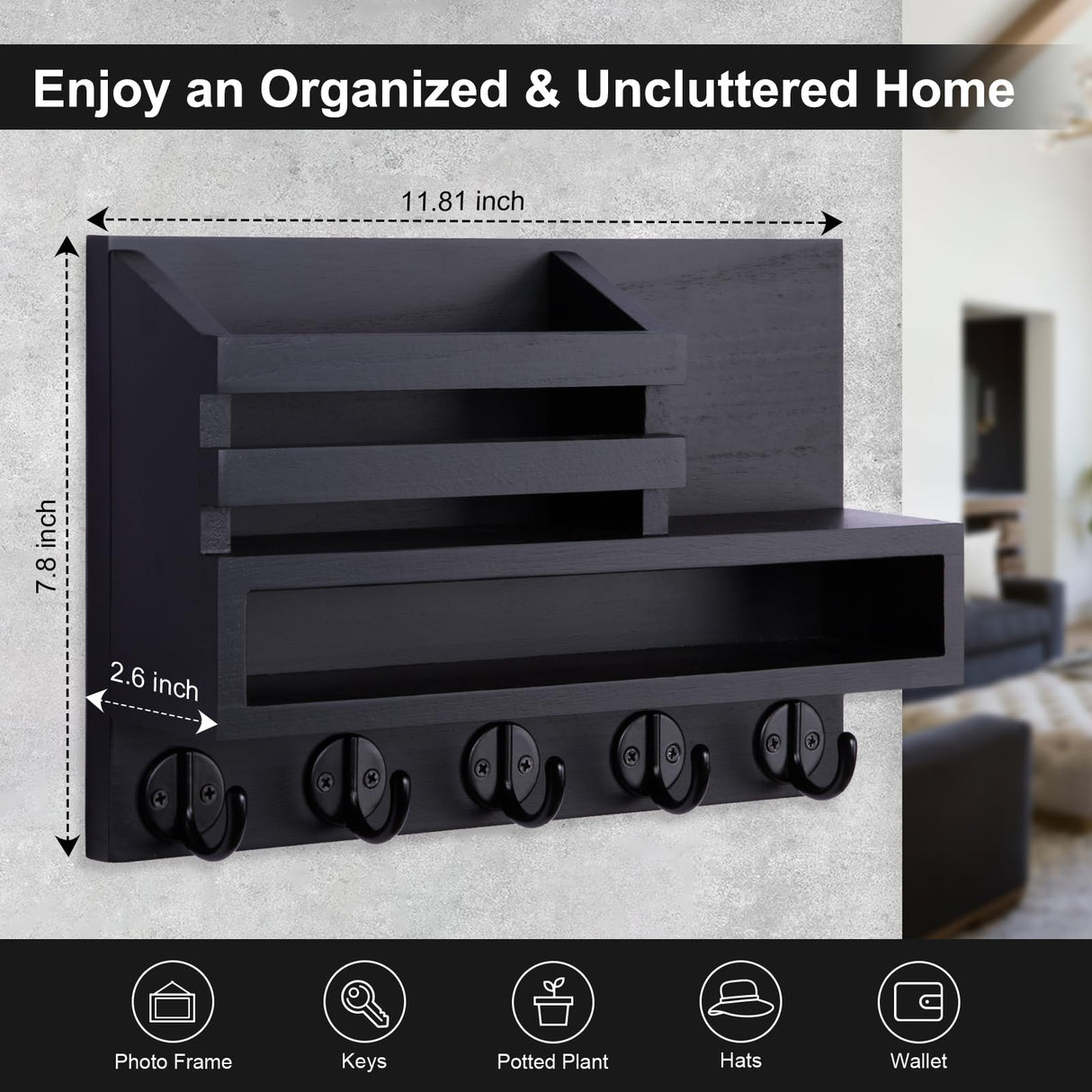 Lucundm Key and Mail Holder Wall Mount, Key Hanger with Long Storage Box and 5 Hooks for Coat, Dog Leash, Home Decor Rack, House Accessories, Entry Way Organizer 11.8”W x 7.8”H x 3.2”D Lucundm