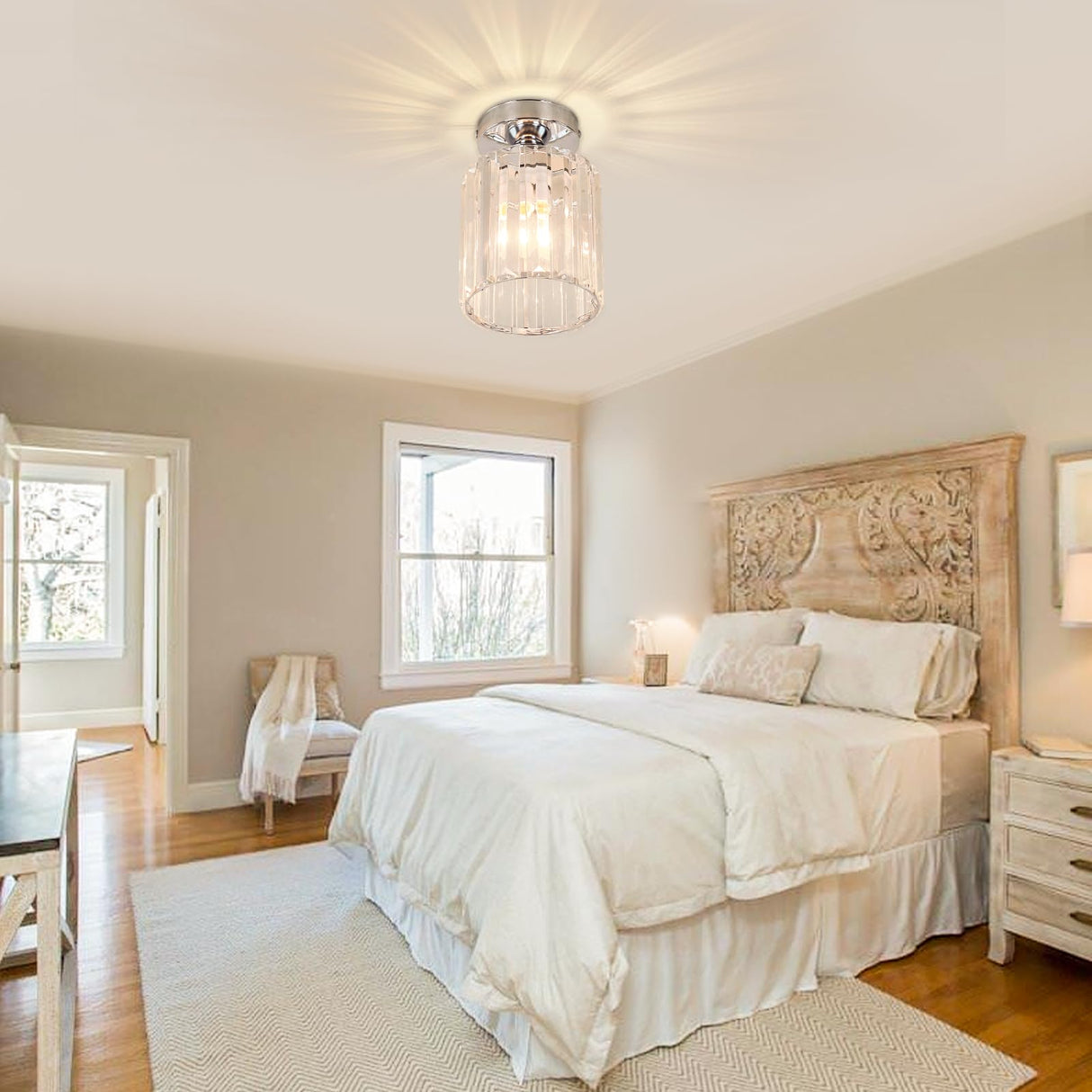 FRIXCHUR Small Chandelier Crystal Ceiling Light Semi Flush Mount Ceiling Lighting Fixture Modern Crystal Ceiling Light for Hallway Kitchen Island Dining Room Bedroom E26 Base Chrome FRIXCHUR