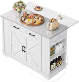 YITAHOME Kitchen Island with Stainless Steel Top & Drop Leaf, 47 Inch Kitchen Island on Wheels with Power Outlet, Rolling Portable Mobile Kitchen Cart w Storage Drawer Cabinet Counter Metal Top, White YITAHOME