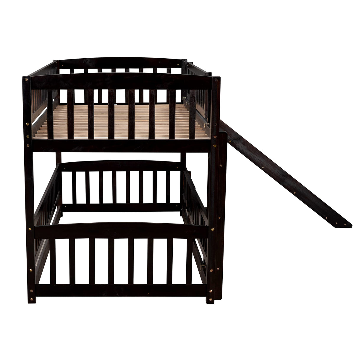 Twin Over Twin Bunk Bed with Slide for Kids, Low Bunk Bed Frame with Convertible Ladder & Detachable Fence, Solid Pine Wood Structure for Bedroom, Espresso Merax