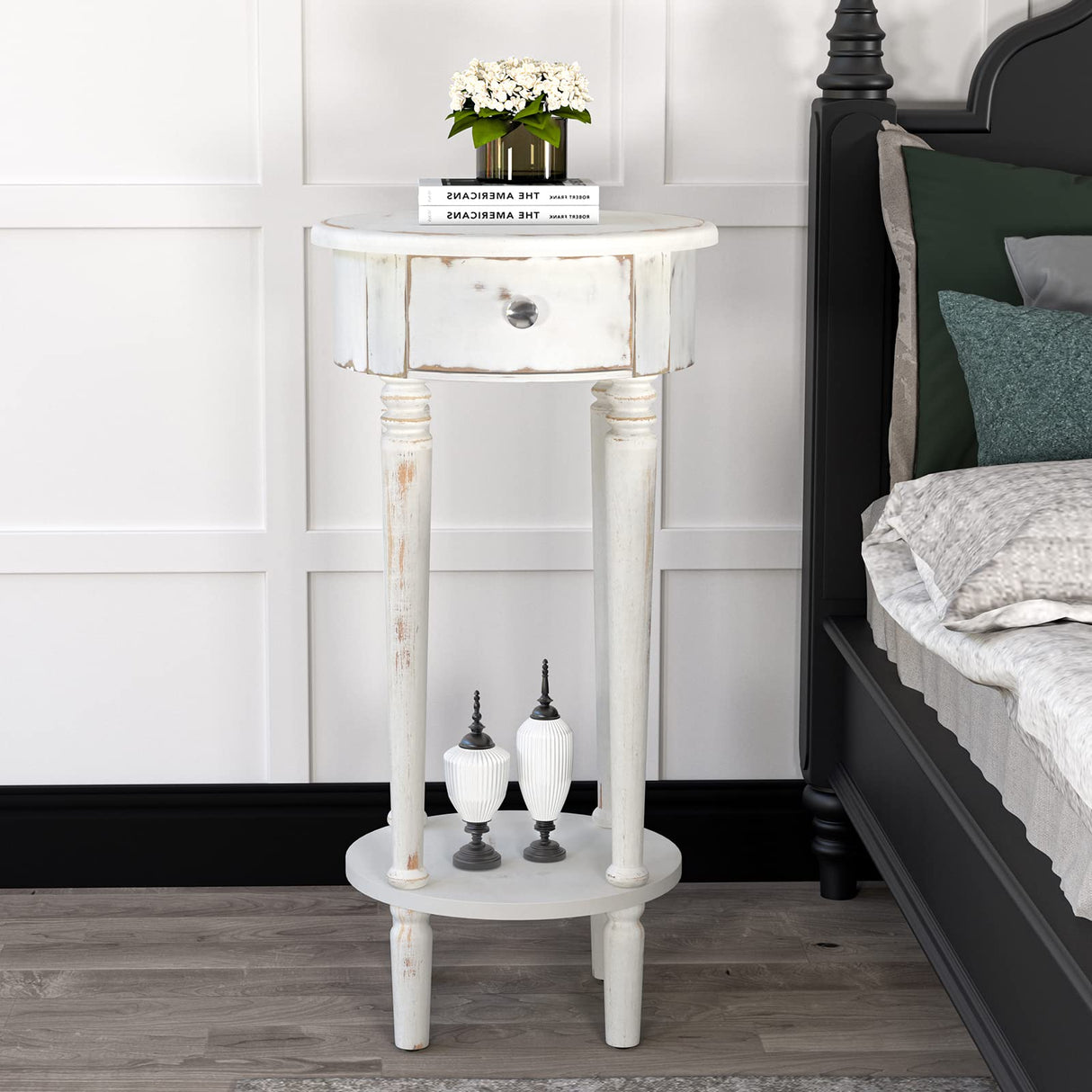 HOMPUS End Table with 1 Drawer, Rustic Round Side Table with 4 Wood Leg, 2-Tier Nightstand with Hand-Painted Finish, Small Accent Table for Living Room, Bedroom HOMPUS