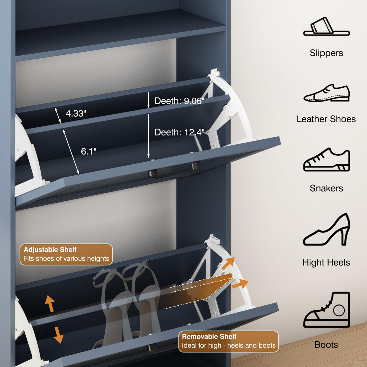 Shoe Storage Cabinet with 2 Flip Drawers, 24" W Farmhouse Modern Hidden Shoes Rack Cabinet with Adjustable Shelves & Open Storage, Narrow Slim Shoe Organizer for Front Door Entrance, Entryway, Blue WINWY