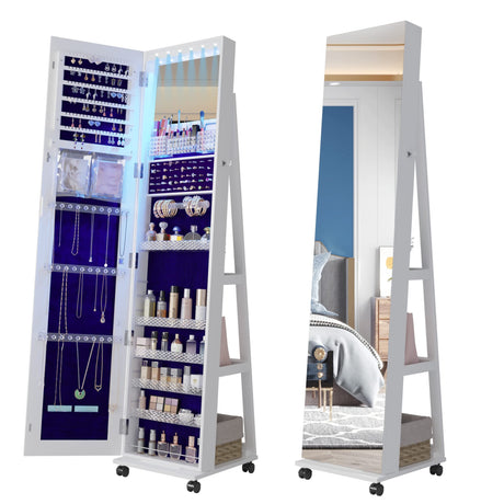 Lvifur 360° Rotating 64'' Jewelry Armoire with 6 LEDS, Full Length Mirror Large Capacity Jewelry Organizer Armoire, Lockable Floor Standing Mirror with 4 rollers for Bedroom, Cloakroom Lvifur