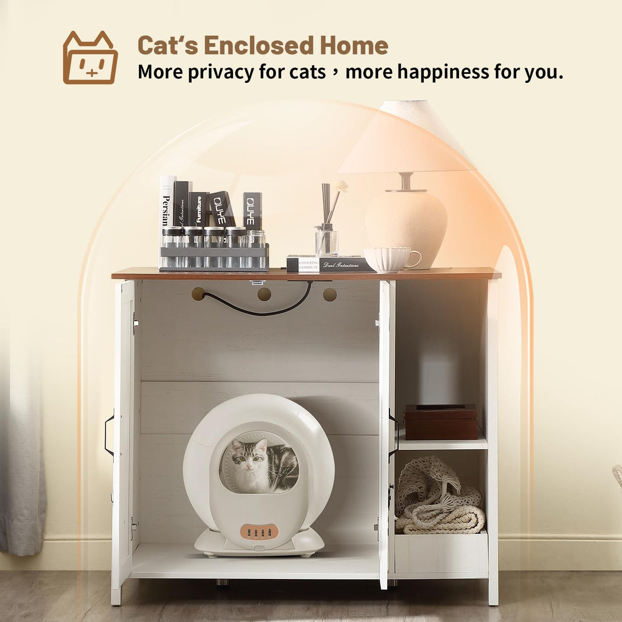 FOREST GRAVITY Cat Litter Robot Enclosure,for Placing Litter Robot 3/4,Power Outlet and Dog-Proof Shelf for Litter Robot Cabinet,Litter Collector for Automatic Litter Box Enclosure,Antique White FOREST GRAVITY