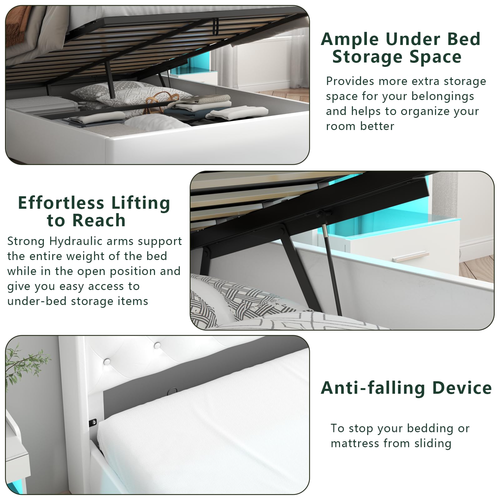 Loomie Queen Hydraulic Lift Bed Frame with LED Lights & Charging Station, White Leather Upholstered Wingback Design - WoodArtSupply