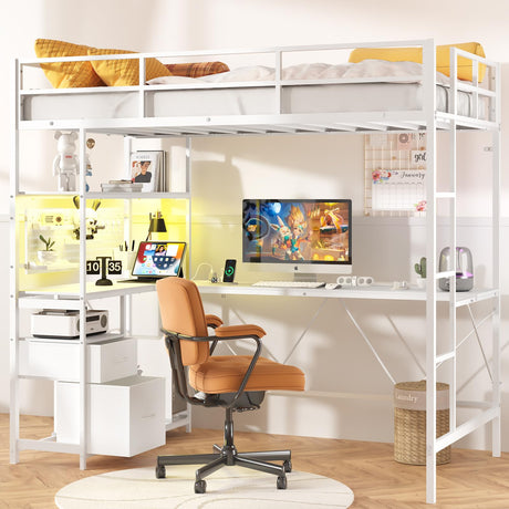 Yoobure White Twin Loft Bed with L-Shape Desk, Charging Station & LED Lights Yoobure