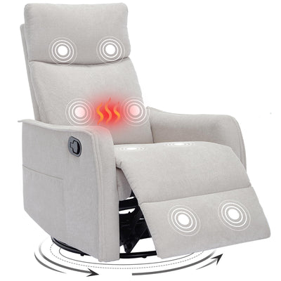 Trustyue Swivel Rocker Recliner Chair, 360° Swivel Recliner with Heat and Massage, Rocker Recliner Nursery Glider Chair with Side Pockets for Living Room (Beige, Fabric)