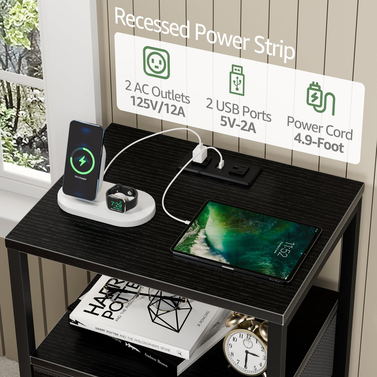 BOLUO Black Nightstand with Charging Station, LED Night Stand with 2 Fabric Drawers, Bedside Table with USB Ports and Outlets, Nightstand for Bedroom Modern BOLUO