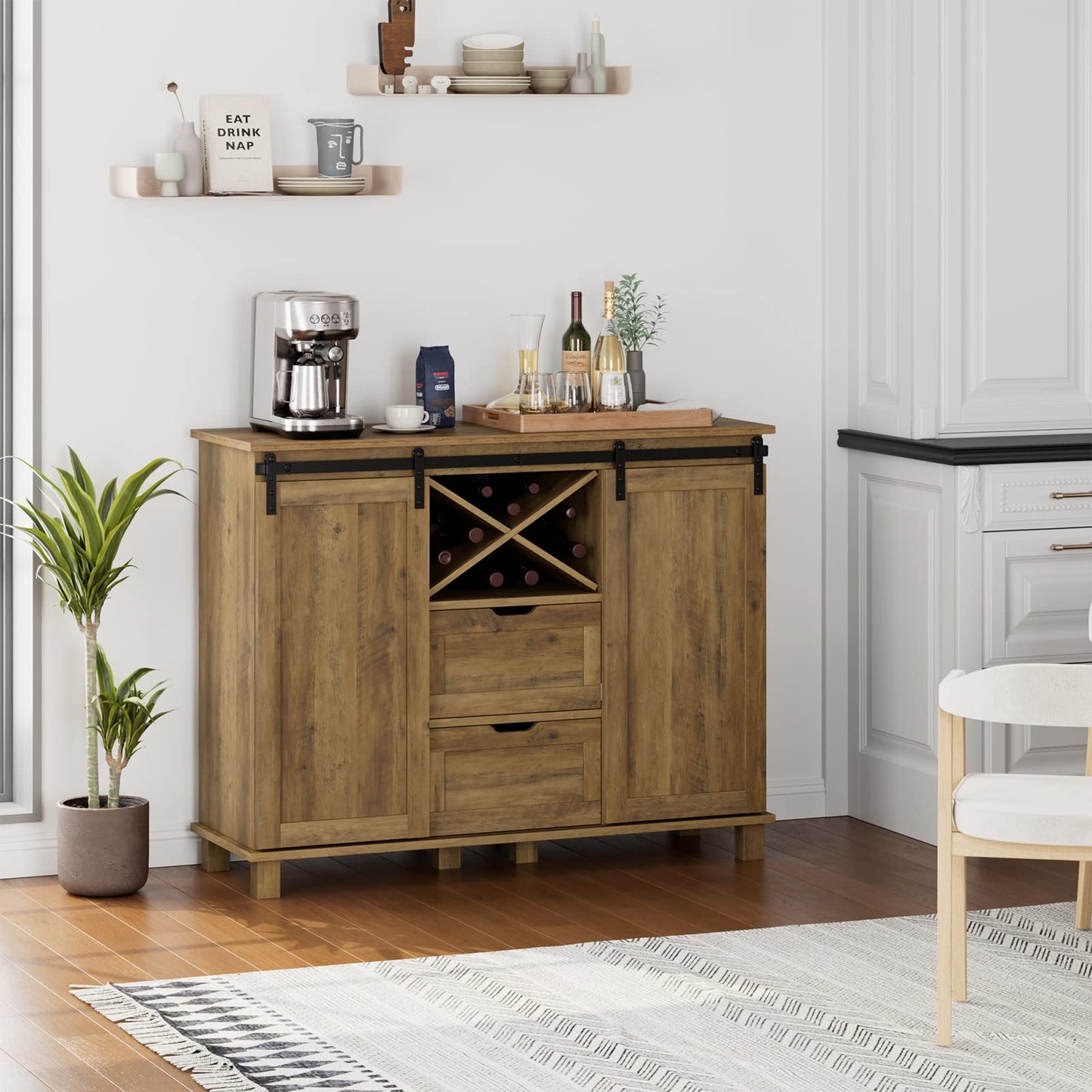 HOSTACK Farmhouse Buffet Sideboard, Coffee Bar Cabinet with Storage, Liquor Wine Cabinet with Sliding Barn Doors, Accent Cabinet for Kitchen, Home, Rustic Brown - WoodArtSupply