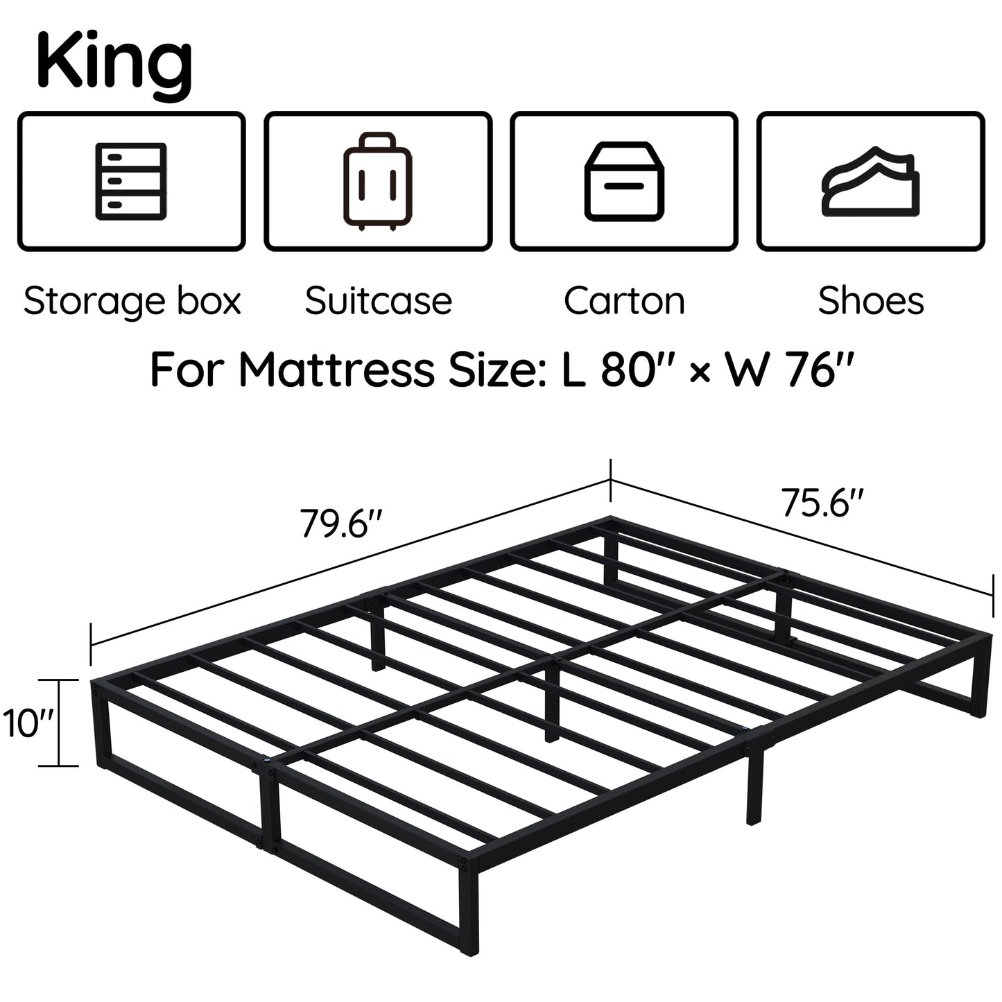 Richwanone 10 Inch King Size Bed Frame Metal Platform Mattress Foundation with Steel Slat Support, No Box Spring Needed, Easy Assembly, Black