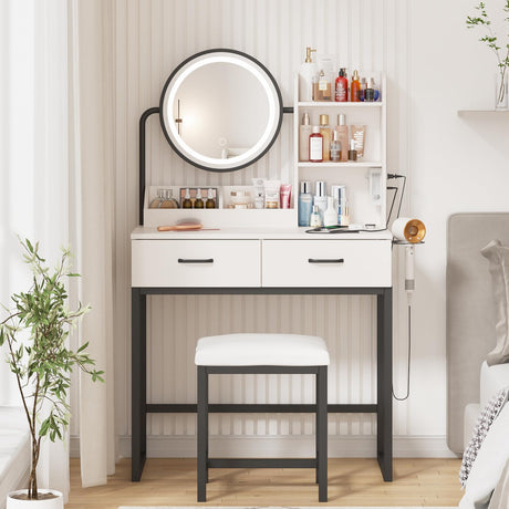 Vabches Makeup Vanity with Round Mirror and Lights, White Vanity Makeup Table with Charging Station, Small Vanity Table for Bedroom, 3 Lighting Vabches