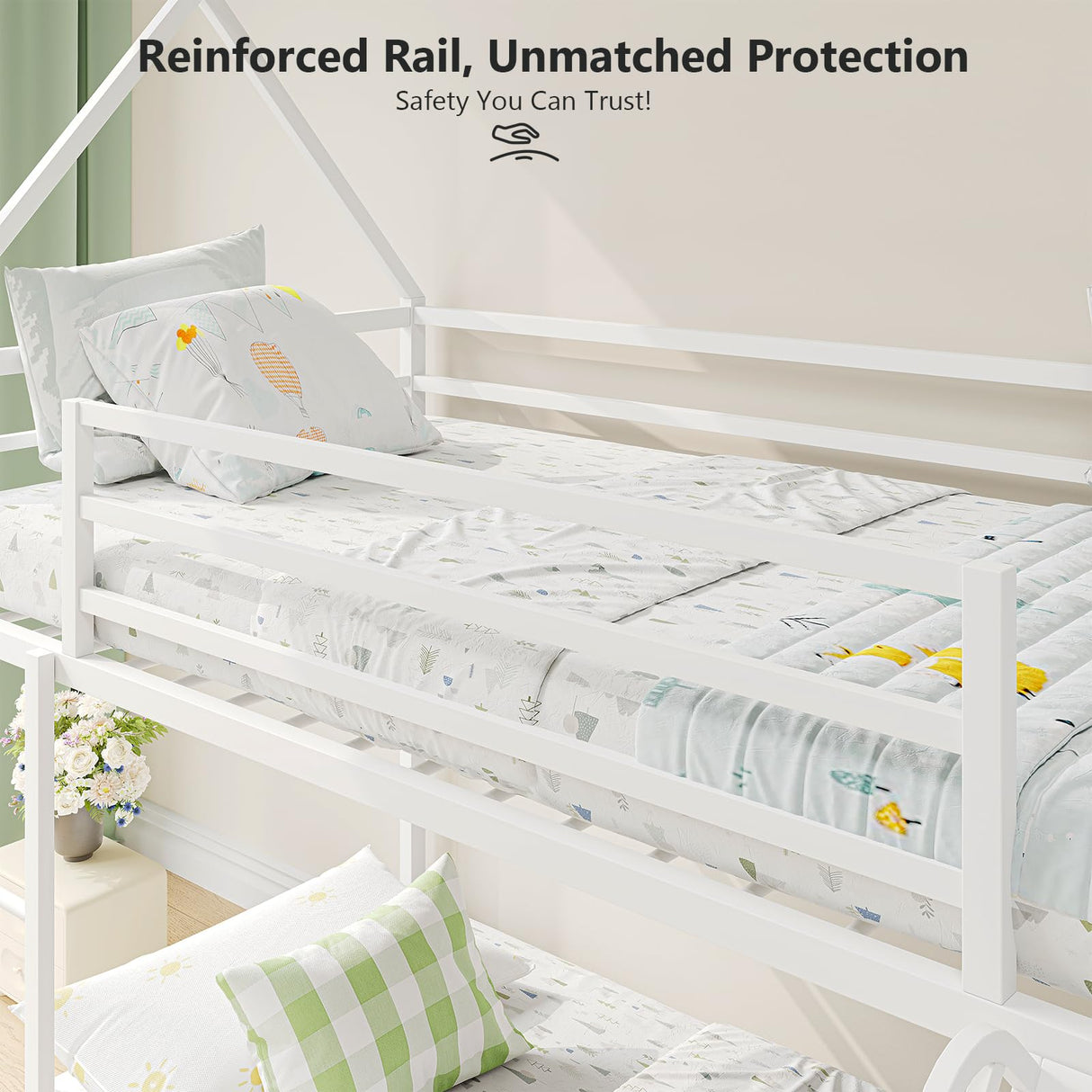 Tufons Metal Bunk Bed with Convertible Slide & House Roof Design - Twin-Over-Twin Low Frame | Full Guardrail, Montessori Style (White) Tufons