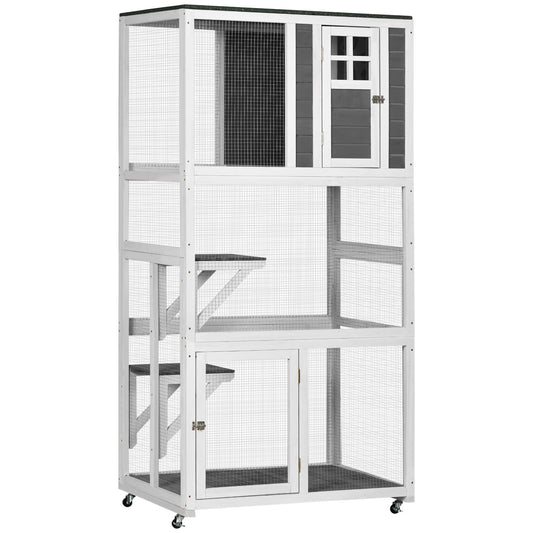 Catio Outdoor Cat Enclosure with Roof Cat House Height 74.25" Large Wooden Cat Cage with 2 Jumping Platforms and 1 Napping Houses for Cat Activity，White