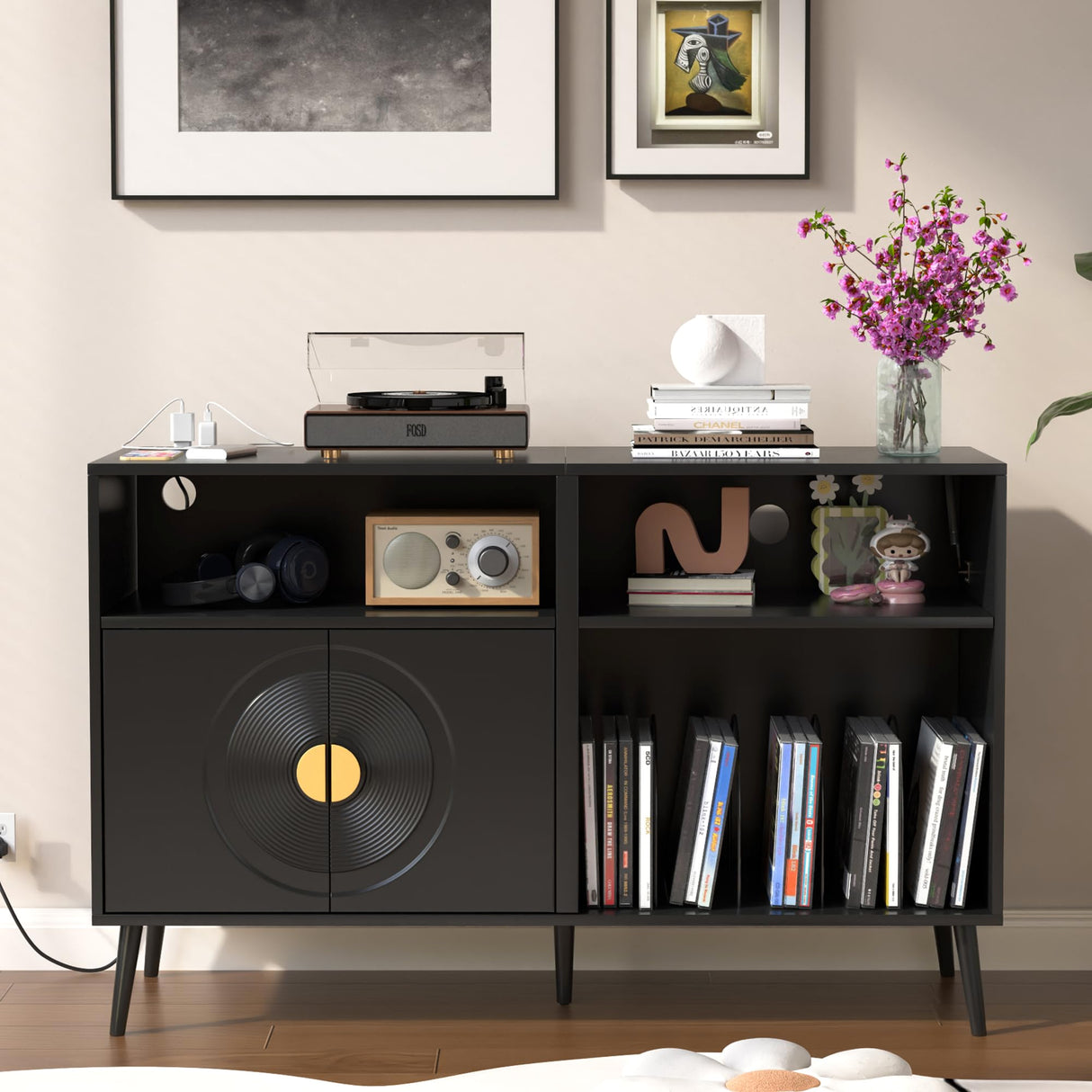 Large Record Player Stand, Record Table Cabinet with Power Outlet, Modern Vinyl Record Storage Cabinet with Wood Legs for Bedroom, Living Room, Office (Black) Athuiline