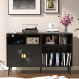 Large Record Player Stand, Record Table Cabinet with Power Outlet, Modern Vinyl Record Storage Cabinet with Wood Legs for Bedroom, Living Room, Office (Black) Athuiline
