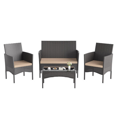 Kullavik 4 Pieces Outdoor Patio Furniture Set,PE Wicker Rattan Chairs Garden Conversation Sets with Tempered Glass Table and Soft Cushions for Lawn,Pool or Backyard,Sand