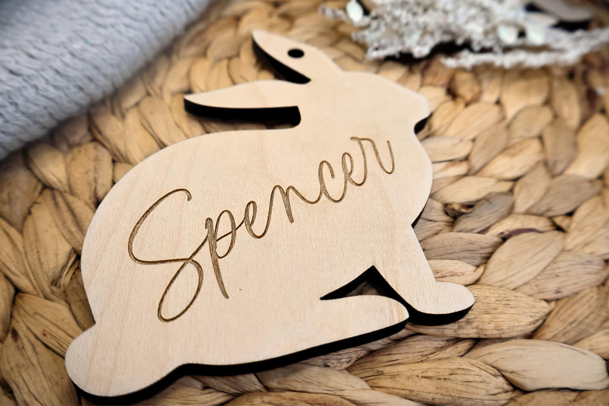 Personalized Easter Bunny Rabbit Basket Tag, Engraved Bunny-Shaped Wooden Placecard Name Tag For Kids Obsidian Home Creations