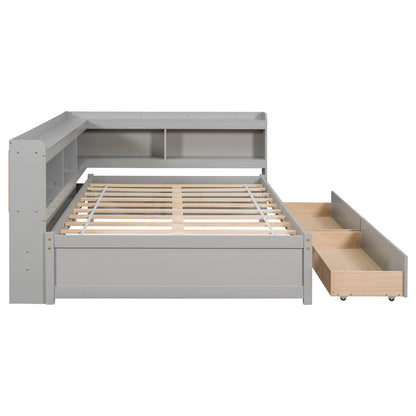 JIVOIT Full Size Captain Platform Bed with L-Shaped Bookcases and Dual Storage Drawers in Gray - WoodArtSupply