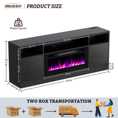 BREEZEHEAT Electric Fireplace TV Stand-Led Entertainment Center-70 inch TV Stand with 36" Electric Fireplace-Living Room Tv Cabinet with Storage for TVs Up to 80"，Modern Media Console (Black) BREEZEHEAT