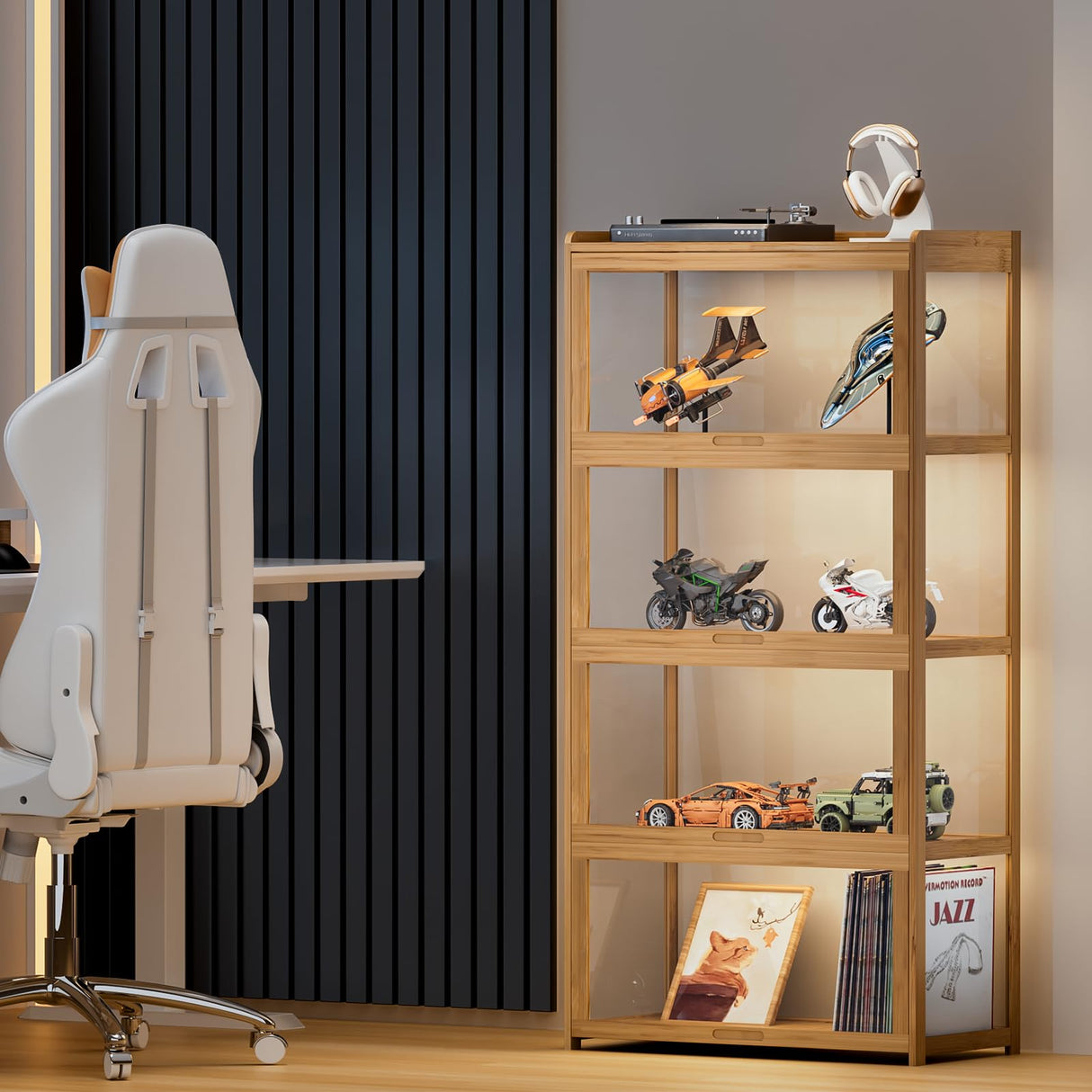 MoNiBloom 55" Curio Display Cabinet with Doors, 4-Tier Bamboo Showcase Storage Cabinet Shelf Collectibles Toy Display Case for Living Room, Natural MoNiBloom