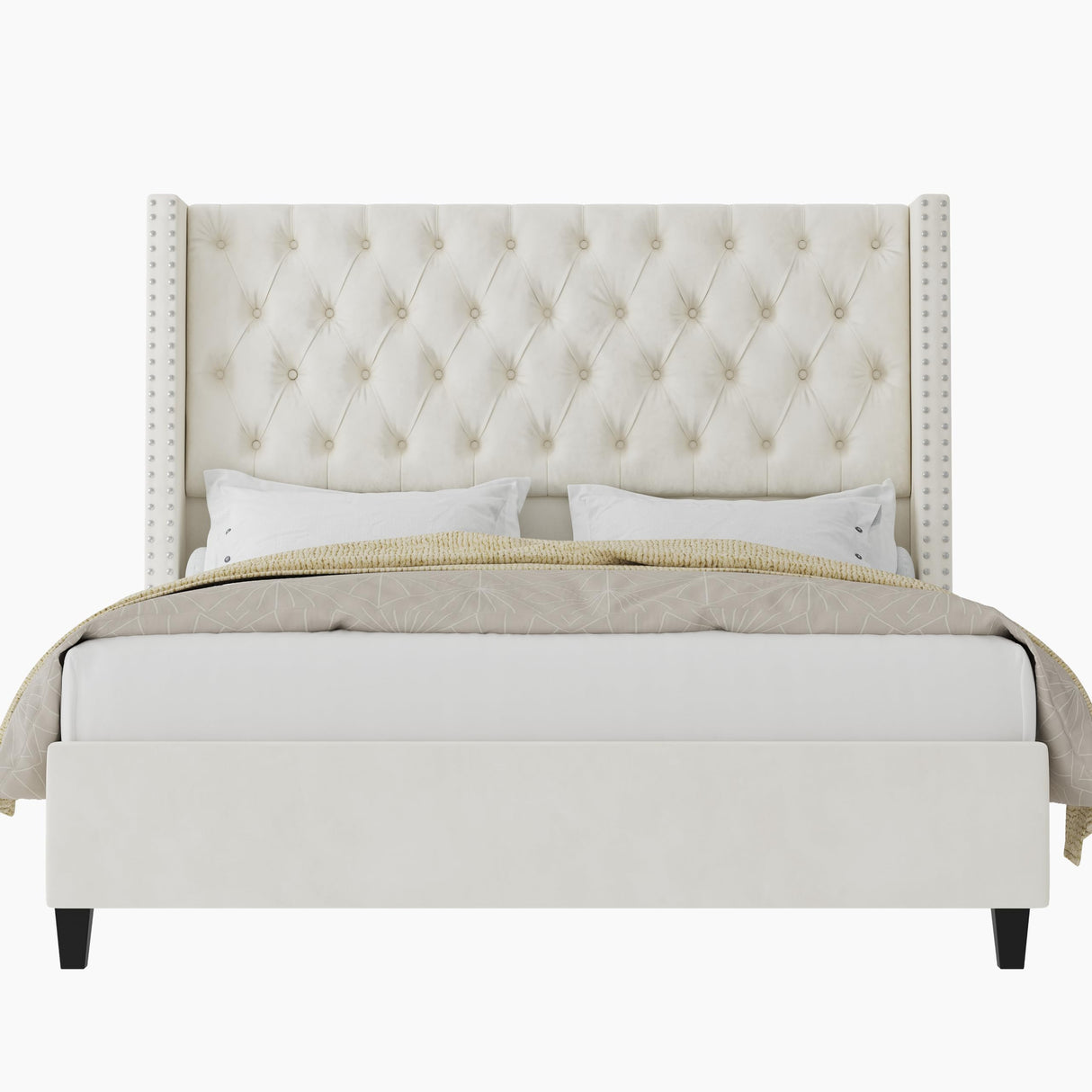 Jocisland King Upholstered Bed Frame with Tall Headboard Wingback Platform Bed Tufted Deep Button Velvet/No Box Spring Needed/Easy Assembly/Cream Jocisland