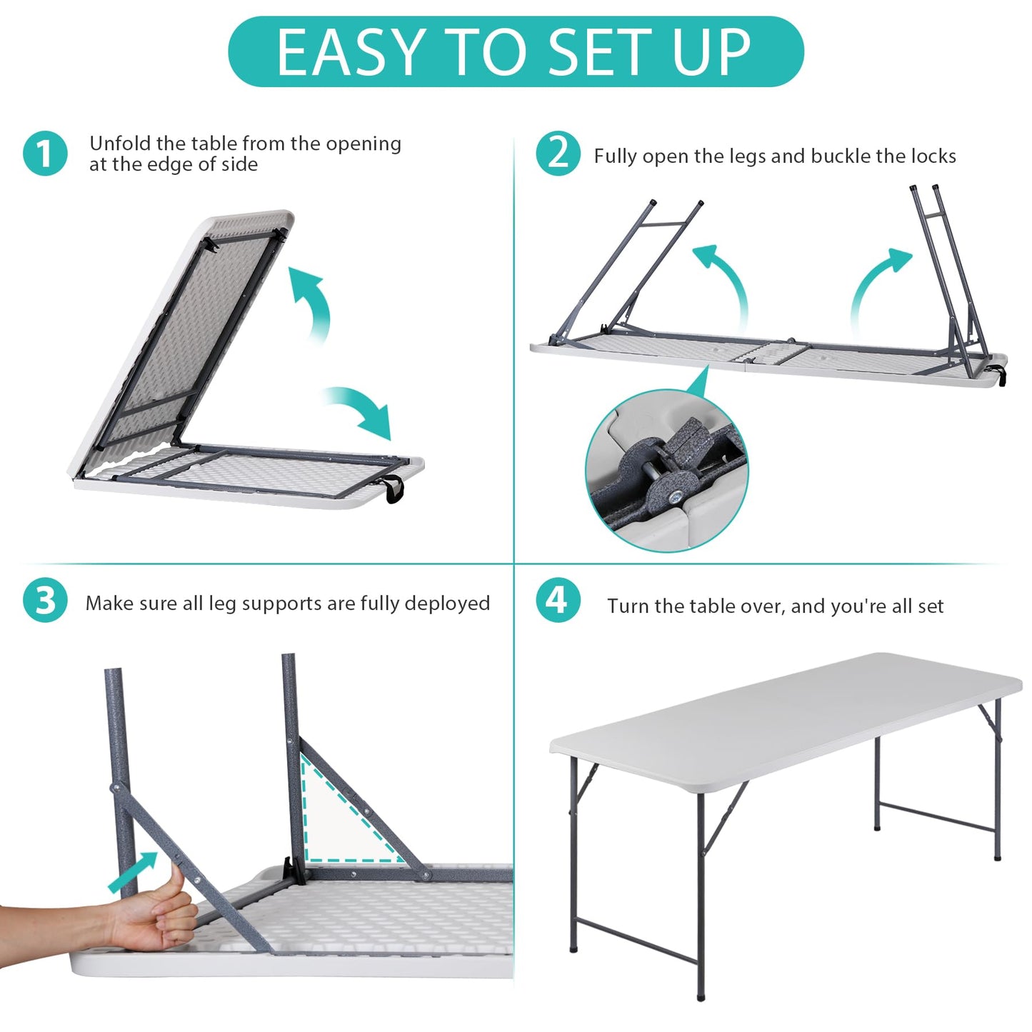 ZenStyle 6 ft Adjustable Folding Table, Indoor Outdoor Portable Plastic Dining Card Table Utility Table for Camping Dining Event Party (71"x27", Rectangular)