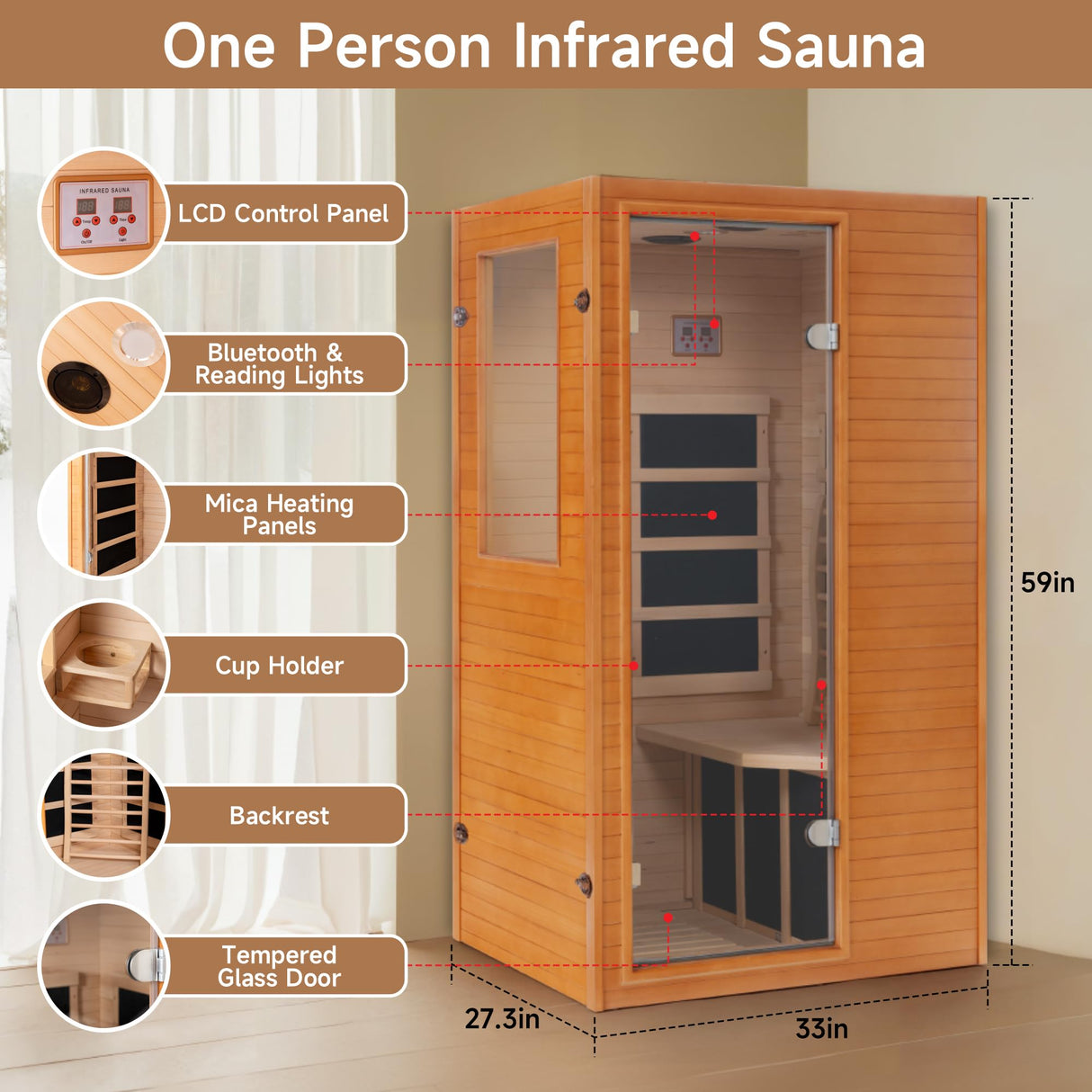 Real Relax Far Infrared Sauna, Home Indoor Sauna Room Canadian Hemlock Wooden Dry Saunas 950W 120V with Control Panel and 6 Low EMF Heaters Panels for Personal Spa Real Relax