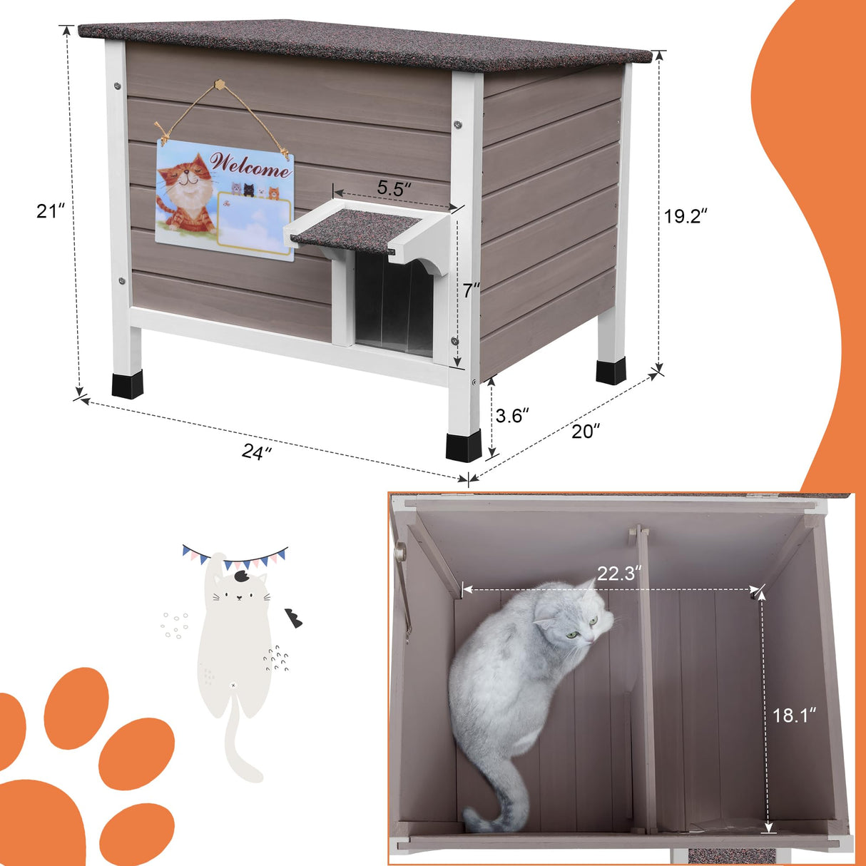 Deblue Insulated Cat Houses for Outdoor Cats, Weatherproof Feral Cat House with All-Round Foam, Wooden Cat Shelter for Multiple Cats - Grey Deblue