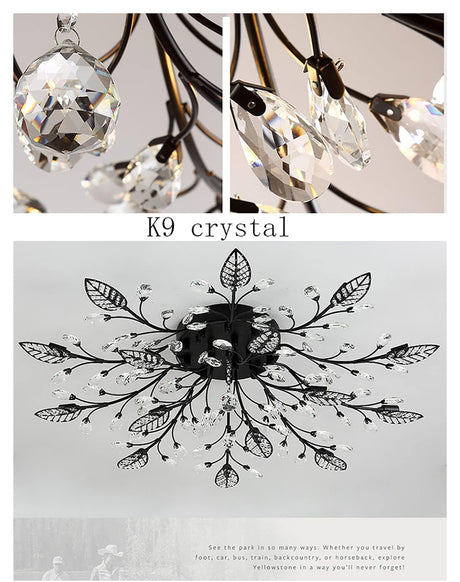 Modern Crystal Ceiling Light Fixture,Semi Flush Mount Chandeliers,Crystal Leaf Ceiling Light, Chandeliers for Dining Room,Living Room,Bedroom (Black, 15-Lights) Ridiss