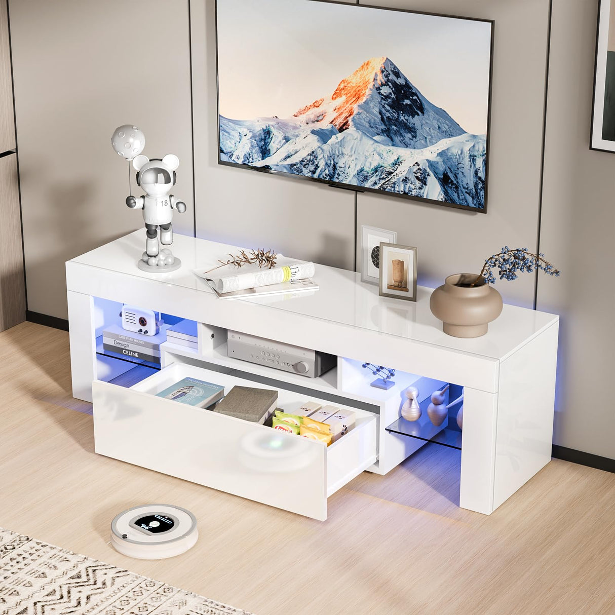 VINGLI LED TV Stand, 51'' High Glossy Modern Entertainment Center with LED Lights and Storage for 40/43/50/55 Inch TV (White, 51'' x 14'' x 18'') VINGLI