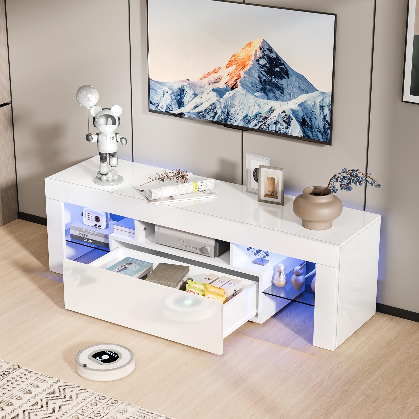 VINGLI LED TV Stand, 51'' High Glossy Modern Entertainment Center with LED Lights and Storage for 40/43/50/55 Inch TV (White, 51'' x 14'' x 18'') - WoodArtSupply